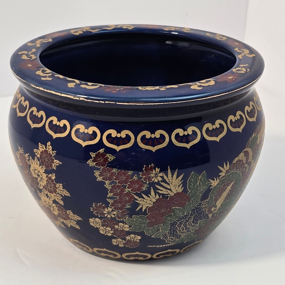 Vintage Cobalt Blue Chinoiserie Fish Bowl Planter Pheasant Floral Gold Trim 7in